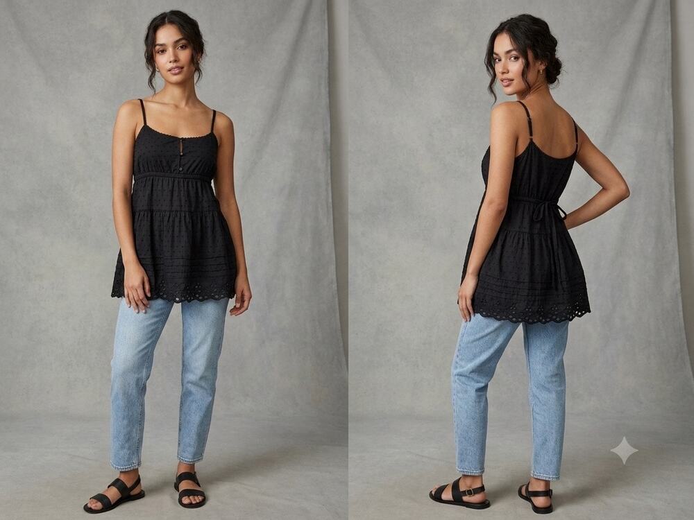 Fang Boho Y2K Black Swiss Dot Eyelet Lace Layer Tiered Babydoll Cami Tank Top L